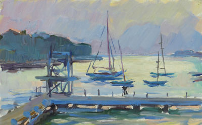 Филиппова М.В. (1925 г.р.) - Этюд с голубыми лодками. СССР, 1950е -1960е годы. картон, масло. 21,2 
