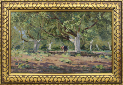 Тростянец. Сад около парка. СССР, 1950 год. Картон, масло. 33 Х 54 см. Современная рама