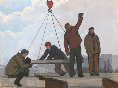 На стройке. СССР, 1960-е годы. Бумага, гуашь. 43 Х 61,5 см