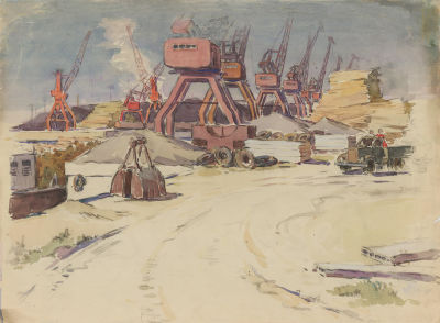 Курилович А.М. (1928 г.р.) - Грузовой порт. СССР, 1970-е годы. Бумага, акварель, карандаш. 50,4 Х 