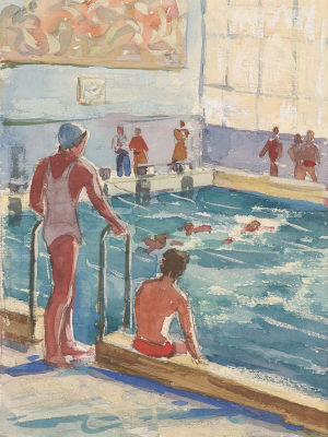 Курилович А.М. (1928 г.р.) - В бассейне. СССР, 1970-е годы. Бумага, акварель. 19 Х 14 см