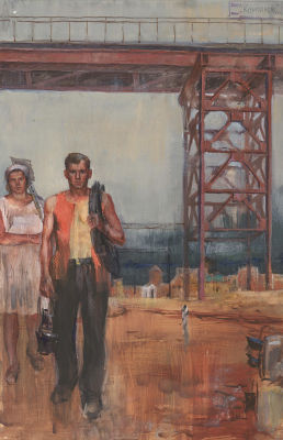 Комраков А.М. (1943 г.р.) - С работы. СССР, 1970-е годы. бумага, гуашь. 50,3 Х 32,8 см. Печать на 