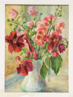 Миролюбова А. А. (1898-1987) - Натюрморт с красными цветами. СССР, 1952 год. Бумага, акварель. 48 Х 