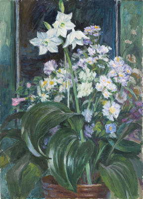 Дмитриев О.А. (1913-2009 гг.) - Натюрморт с белыми и сиреневыми цветами. СССР, 1985 год. Картон 