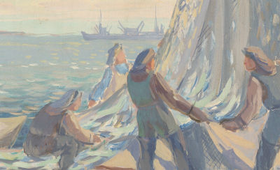 Коровяков И.П. (1914–1995 гг) - Рыбаки. СССР, 1970-е годы. Бумага, гуашь. 17,5 Х 28 см 
Коровяков 