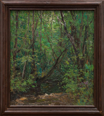 Метелещенков Г. Ф. (1961 г.р.) - Лесной ручей. Россия, 1990-е годы. Оргалит, масло. 40,5 Х 36 см. В 