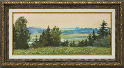 Соколов С.Н. (1885-1970-е гг.) - Раздолье. СССР, 1968 год. Картон, масло. 17,2 Х 37,5 см. Подпись и 