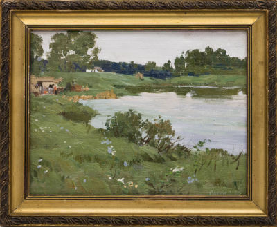 Васин В.А. (1918 - 2006 гг.) - Озеро. СССР, 1970 год. Холст, картон, масло. 25,4 Х 33 см. Подпись и 