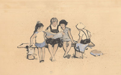 Синельникова Р.Я. (1916 г.р.) - Дети за чтением книжки. СССР, 1960-е годы. Бумага, акварель 