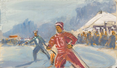 Коровяков И.П. (1914–1995 гг) - Лыжники. СССР, 1960-1970-е годы. Бумага, гуашь. 14 Х 23,5 см 