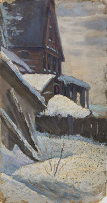 Рябов Л. М. (1923 - ?) - Дом. СССР, 1980-е годы. Картон, масло. 51 Х 27,5 см. Загрязнения 