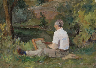 Петров А.В. (1906 - 1982) - Бельский в Рублеве. СССР, 1950-е годы. Картон, масло. 23 Х 35 см. 