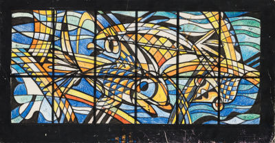 Тевосян Г.Т. (1932 г.р.) - Эскиз витража "Рыбы". СССР, 1970-е годы. Бумага наклеенная на картон 