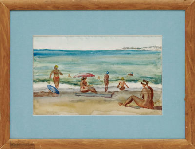 На пляже. Перкова Н. (по подписи) 
СССР, вторая половина ХХ века. Бумага, акварель. 16 Х 26 см 