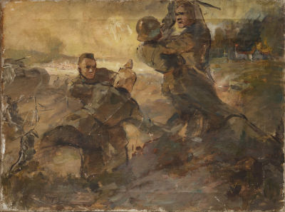 Неизвестный художник - Бой. СССР, 1950-е годы. Холст, масло. 60 Х 80 см. Повреждения, осыпи 