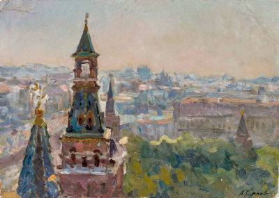 Москва. Карпов А. 
СССР, 1970 год. Картон, масло. 34,5 Х 48,5 см. Подпись справа внизу. 