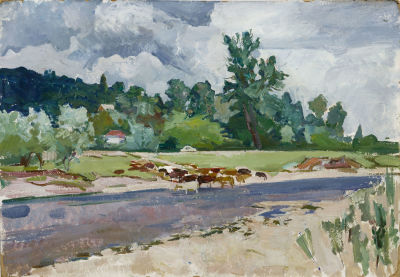Караваев В.И. (1923 - ?) - Река с коровами. СССР, 1956 год. Картон, масло. 48 х 70 см 