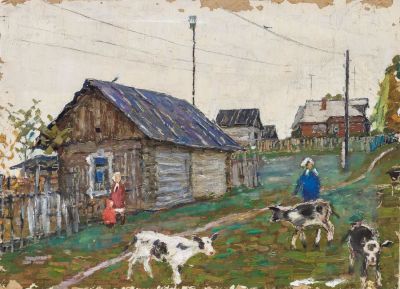 Аронов Л.И. (1909 - 1972 гг.) - В деревне. СССР, 1950-1960-е годы. Картон, масло. 44 Х 61 см. 