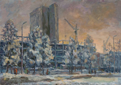 Стройка. Шмаков В. (по подписи). 
СССР, 1976 год. Картон, масло. 50 Х 70,5 см Повреждения в 