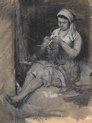 Незнайкин И.П. (1916 - 1998) - За вязанием. СССР, 1960-е годы. Бумага, акварель, тушь, белила. 42 Х 