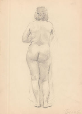 Натурщица. Ещенко М. 
СССР, 1985 г. Бумага, карандаш. 44 Х 32 см. С оборота "Дорогому Саше 