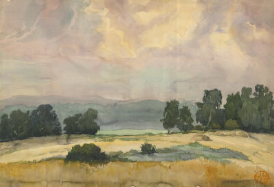 Огурцов И.А. (1927 г.р.) - Лиловое небо. Россия, 1992 год. Бумага, акварель. 45 Х 65 см. Монограмма 