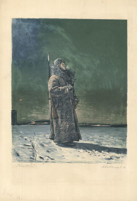 Евстигнеев И.В. (1899 - 1967 гг.) - Часовой. СССР, 1964 год. Бумага, литография. 61 Х 42 см (лист). 