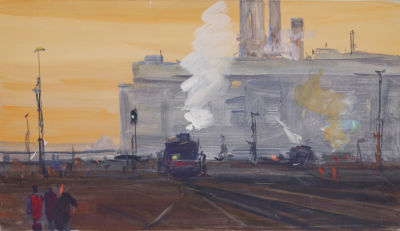 Дородницын В.П. (1908-1984 гг) - Вечер в депо. СССР 1959 год. Бумага, гуашь. 33,4 х 57 см 