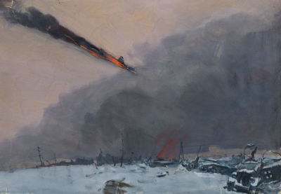 Дородницын В.П. (1908-1984 гг) - На поле боя. СССР, 1960-е годы. Бумага, гуашь. 45 Х 63 см. 