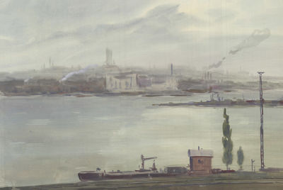 Дородницын В.П. (1908-1984 гг) - Баржа на реке. СССР, 1960-е годы. Бумага, акварель. 37 Х 54 см. 