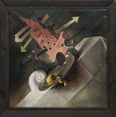 Неизвестный художник - Сюрреалистический натюрморт. 1989 год. Холст, масло. 80 Х 80 см. Монограмма 