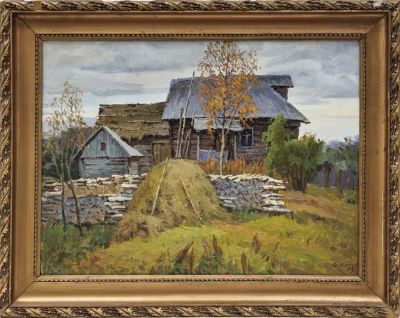 Осенний пейзаж со стогом. Девятов (по подписи) 
Россия, 1993 год. Холст, масло. 47 Х 63 см. 