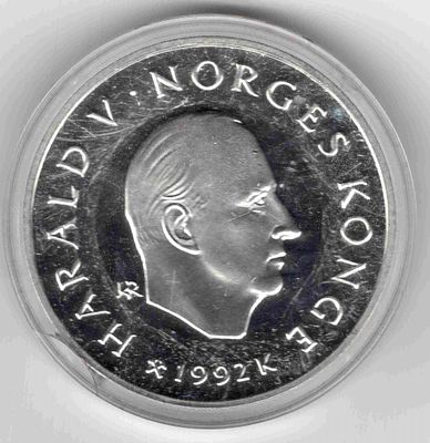 100 крон. Норвегия. 1992 
Монета из серебра 925 пробы. Посвящена Олимпийским играм 1994 г. в 