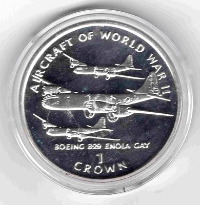 1 крона. Остров Мэн. 1995 
Серия посвящена авиации Второй мировой войны. Самолет Б-29 с 