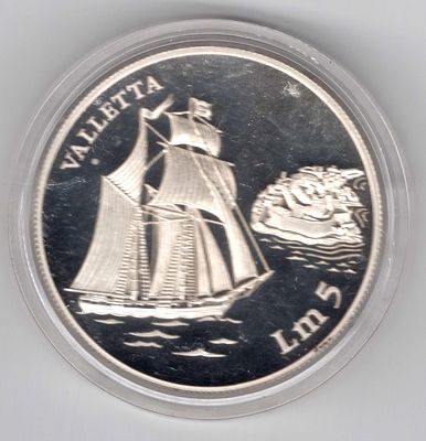 5 лир. Мальта. Парусник. 1994 
Унция чистого серебра! Высокое качество чеканки.