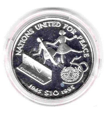 50 лет ООН. 100 долларов. Либерия. 1995 Серебро