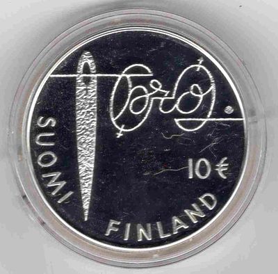 10 евро. Финляндия. Минна Кант. Серебро 925. Вес 25, 5 гр. Минна Кант- финская писательница и 