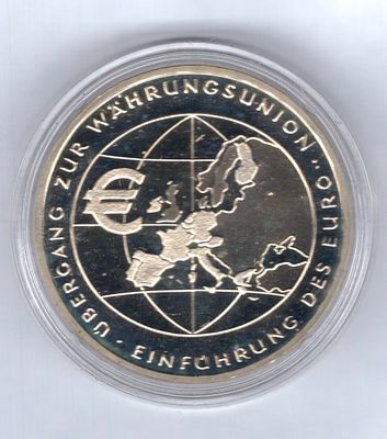10 евро. Германия. 2002 
Монета посвящена введению в обращение наличного евро. Серебро.925