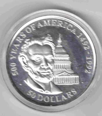 50 долларов Острова Кука Линкольн. 1990 
Серия, посвященная 300- летию открытия Америки. 
Унция 