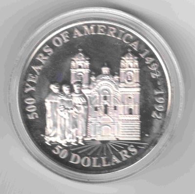 50 долларов Острова Кука. Церковь в Куско. 1991 
Серия 300 лет открытия Америки 
Унция серебра 