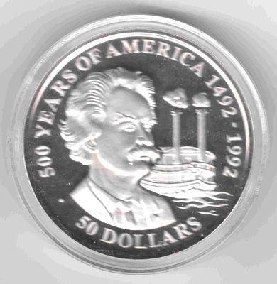 50 долларов Острова Кука. Марк Твен. 1990 
Серия 300 лет открытия Америки 
Унция серебра. 
Проба 925