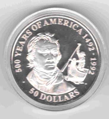 50 долларов Острова Кука Александр Маккензи. 1991 
Острова Кука. 300 лет открытия Америки 
Унция 