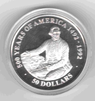 50 долларов. Острова Кука. Джеймс Кук. 1991 
300 лет открытия Америки 
Унция серебра