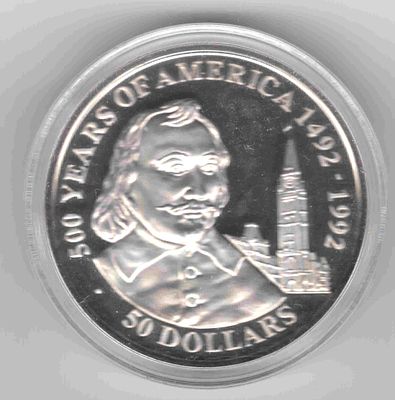 50 долларов. Уолтер Рейли. 1990 
300 лет открытия Америки 
Унция серебра (31,1 гр)