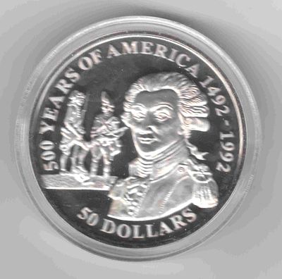 50 долларов. Острова Кука Жильбер Лафайет. 1991 
300 лет открытия Америки. 
Унция серебра