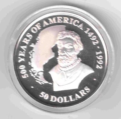 50 долларов. Острова Кука. Магеллан. 1991 
300 лет открытия Америки 
Унция серебра