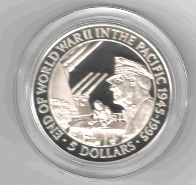 5 долларов Соломоновы острова. 1995 
Окончание 2 мировой войны. Унция серебра