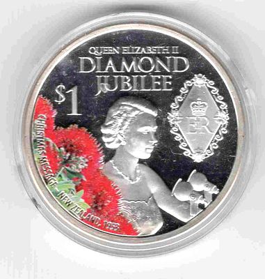 1 доллар. Новая Зеландия. 2012 Монета в честь 60 летнего юбилея правления королевы. Унция серебра.