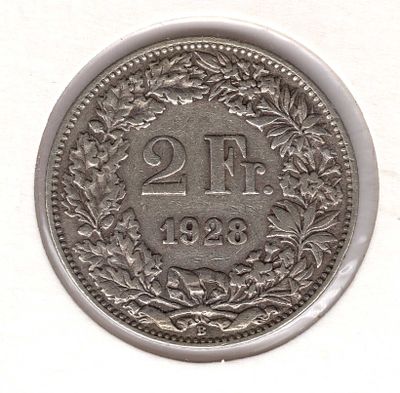 2 франка. Швейцария. 1928 
Серебро 900