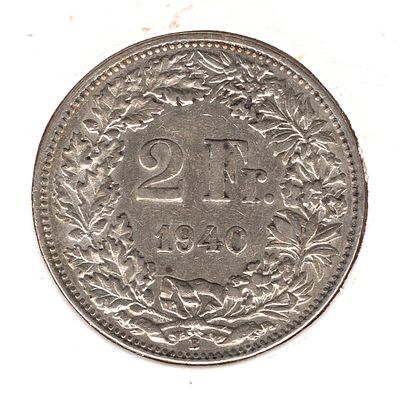 2 франка. Швейцария. 1940 
Серебро 900